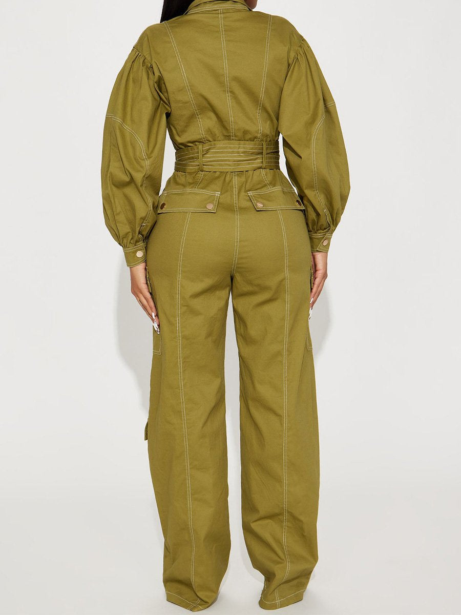 Fashion Zip Up Pockets Belted Jumpsuit