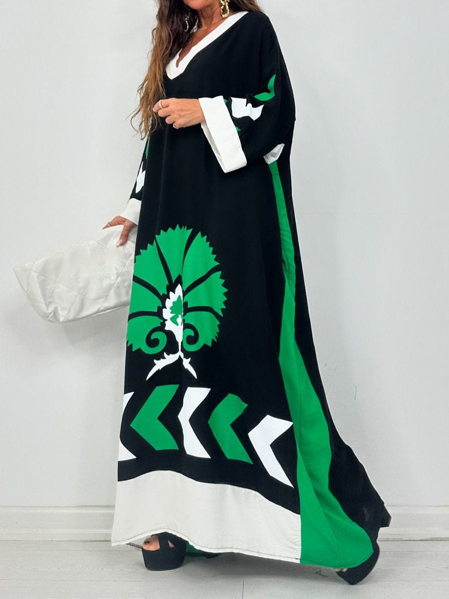 V Neck Printed Loose Maxi Dress