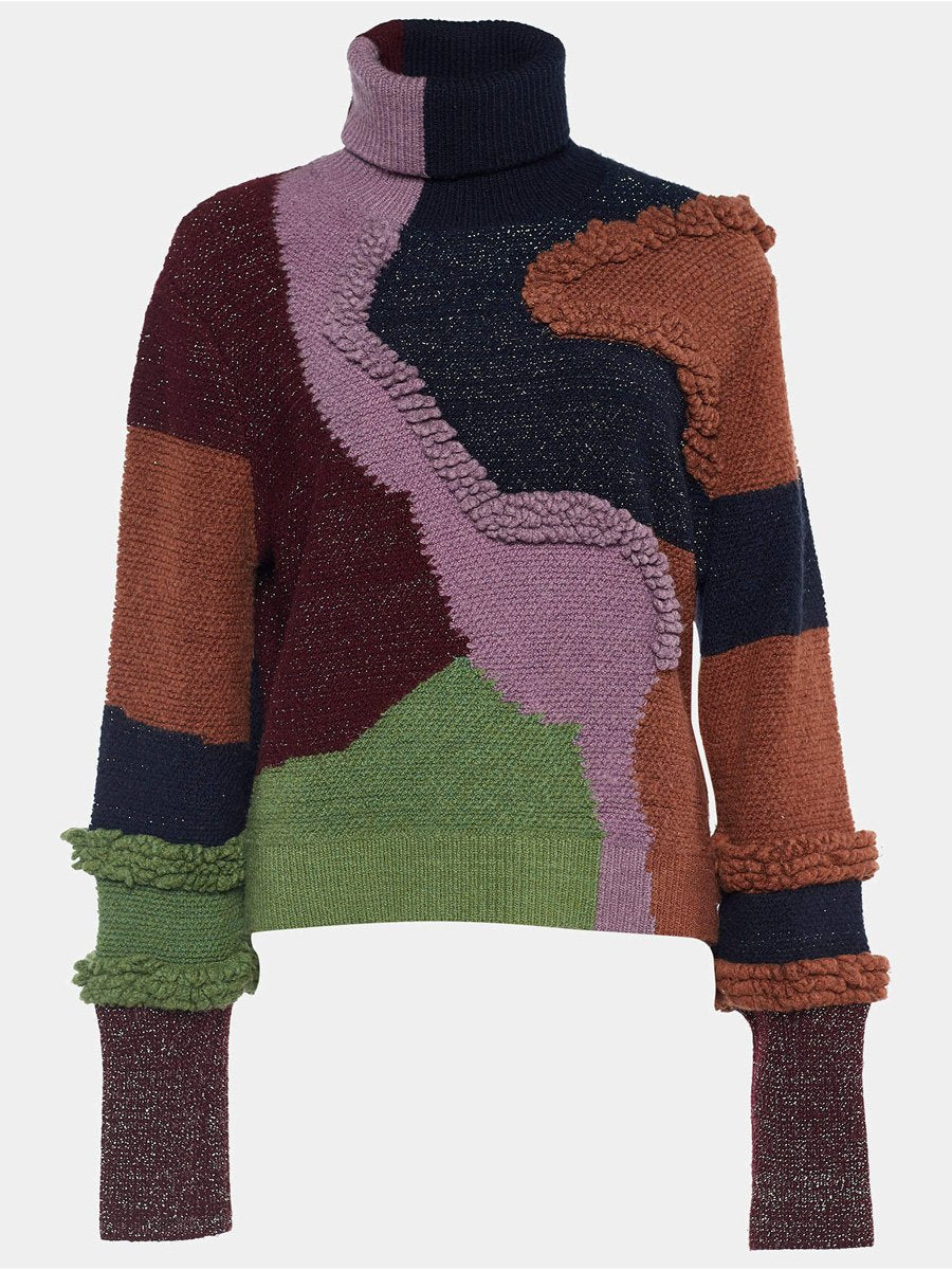 Multicolor Patchwork Knit Turtleneck Sweater