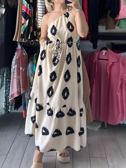 Sexy One Shoulder Print Lace Up Bohemian Dress