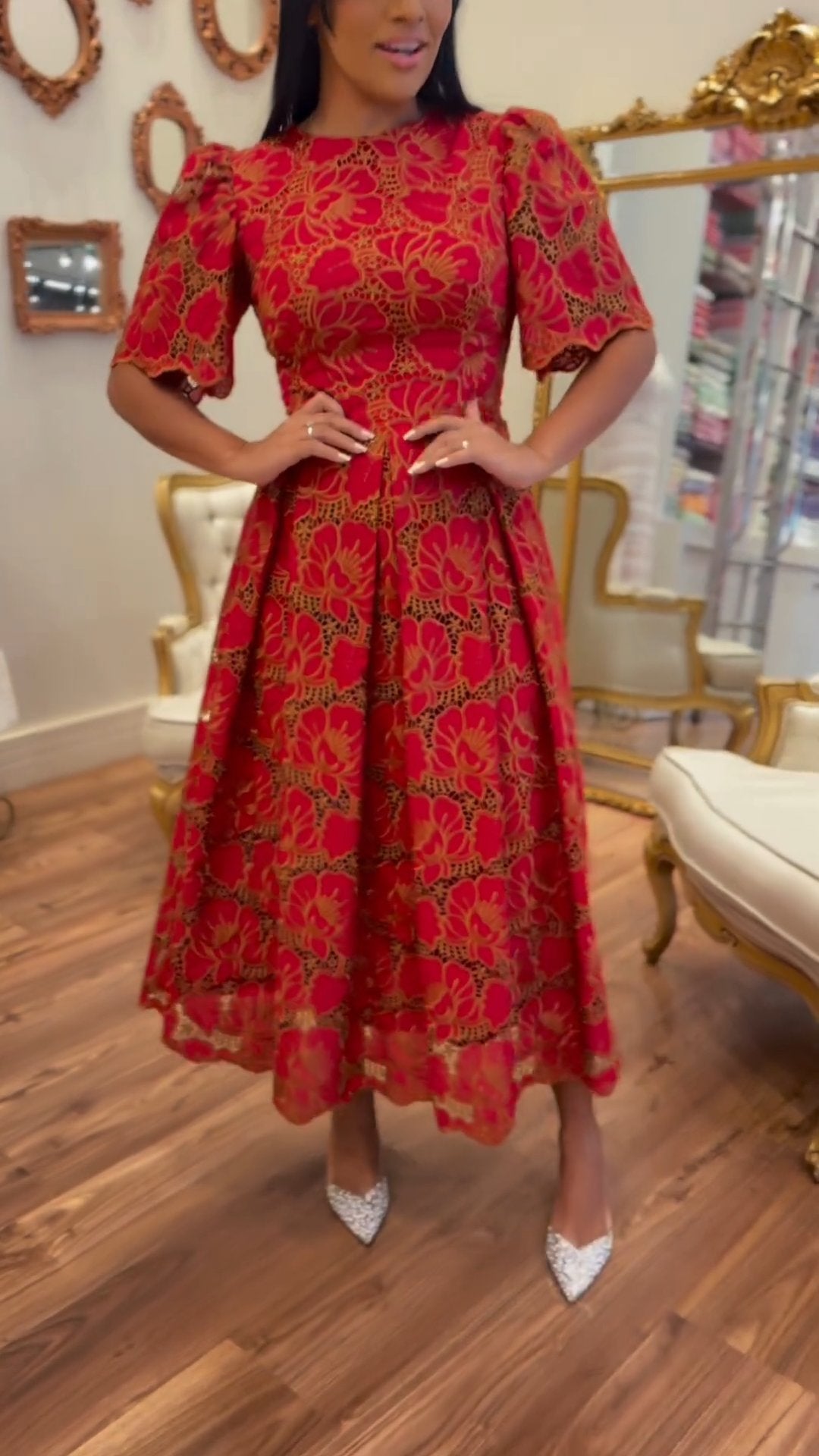 Petal Hollow Patchwork Red Dress