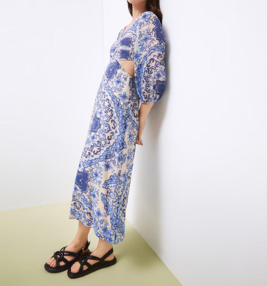 Printed Blue Backless Maxi Dress