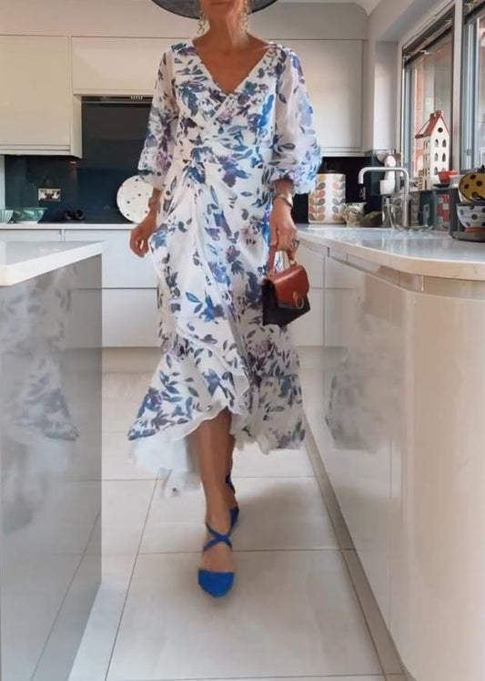 V-neck blue flower dress