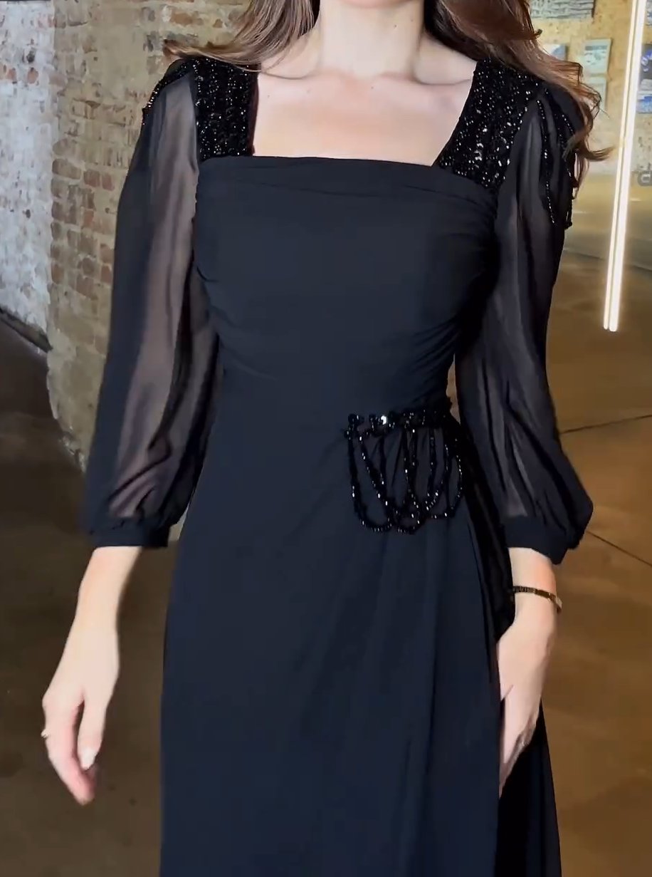 Square Neck Black Veil Maxi Dress