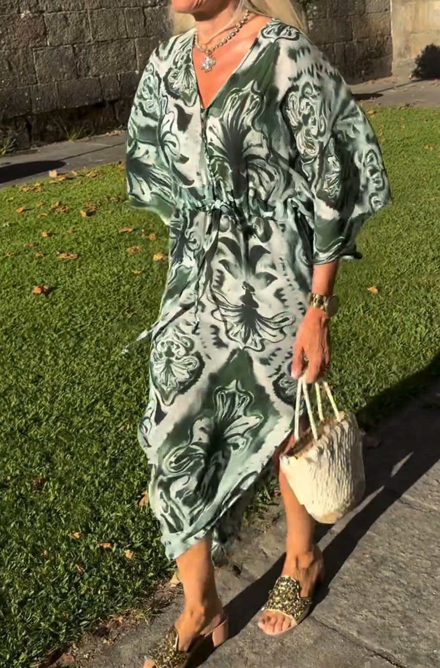 V-neck green floral print dress