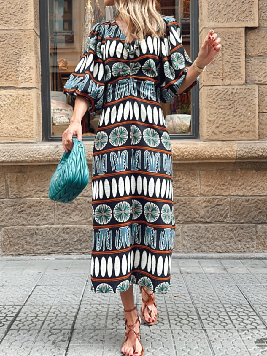 V-neck Elegant Printed Midi Dress