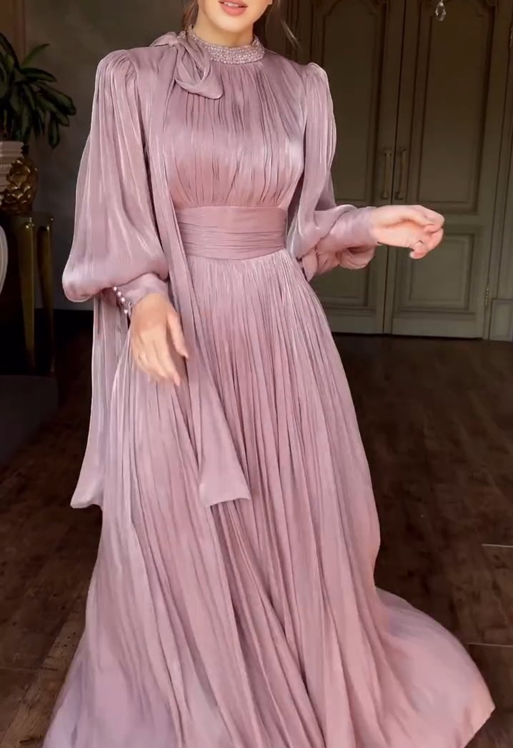 Lantern Sleeve Belted Pink Dress