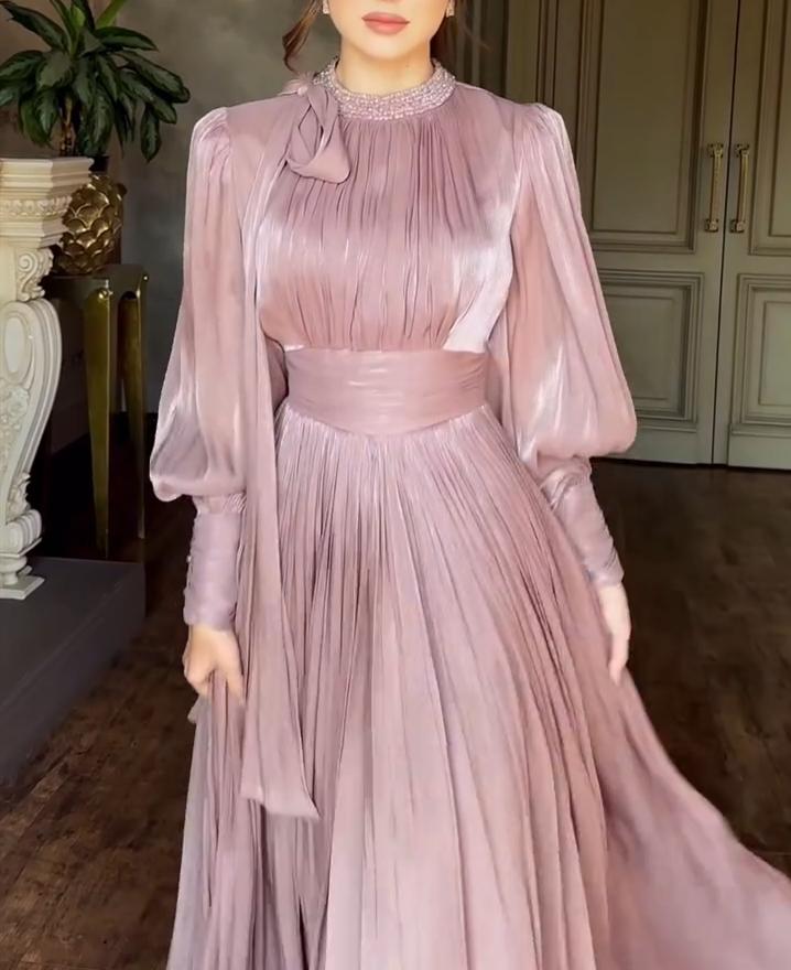 Lantern Sleeve Belted Pink Dress