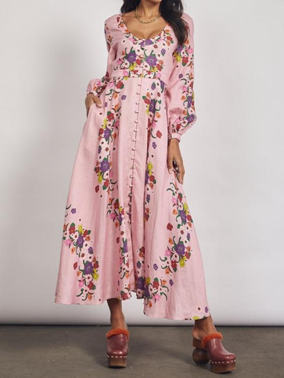 Pink Floral U-neckline Midi Dress