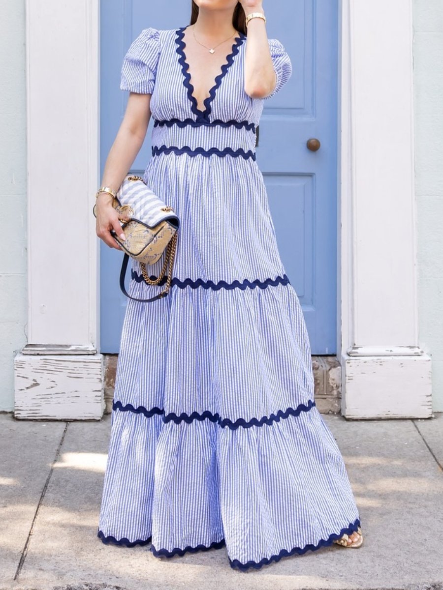 Deep V Neck Striped Maxi Dress