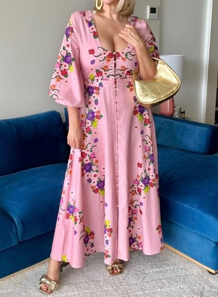 Pink Floral U-neckline Midi Dress