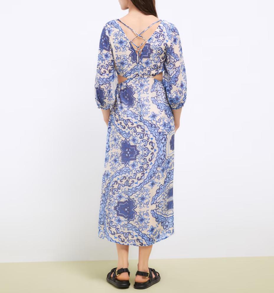 Printed Blue Backless Maxi Dress