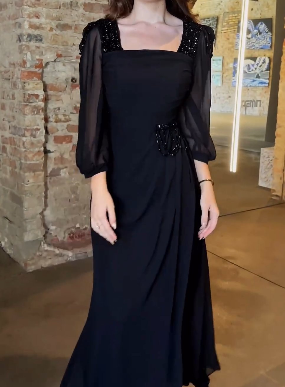 Square Neck Black Veil Maxi Dress