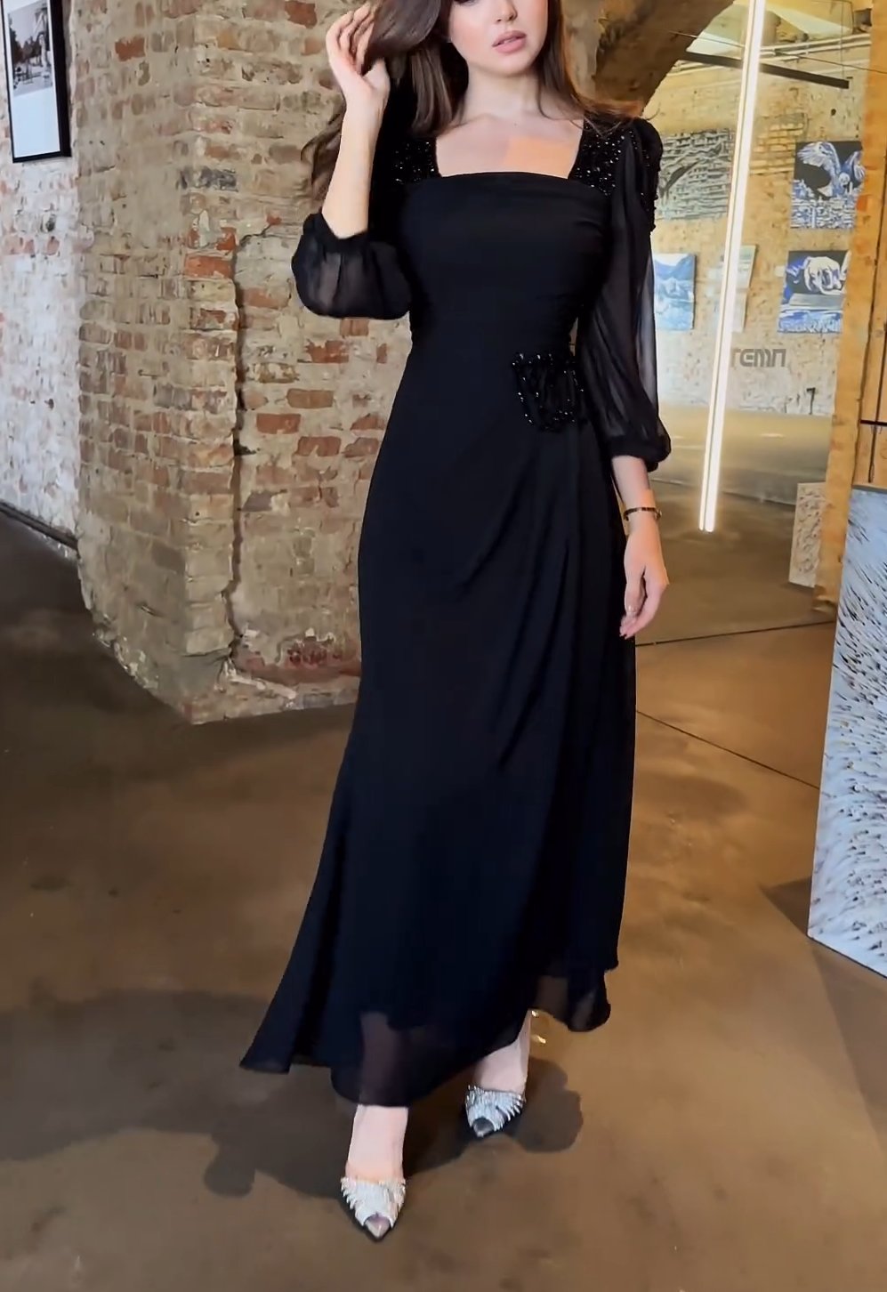 Square Neck Black Veil Maxi Dress