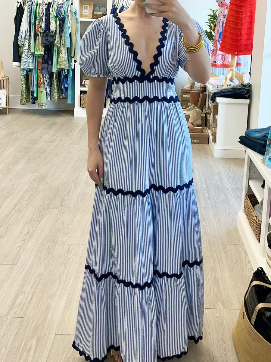 Deep V Neck Striped Maxi Dress