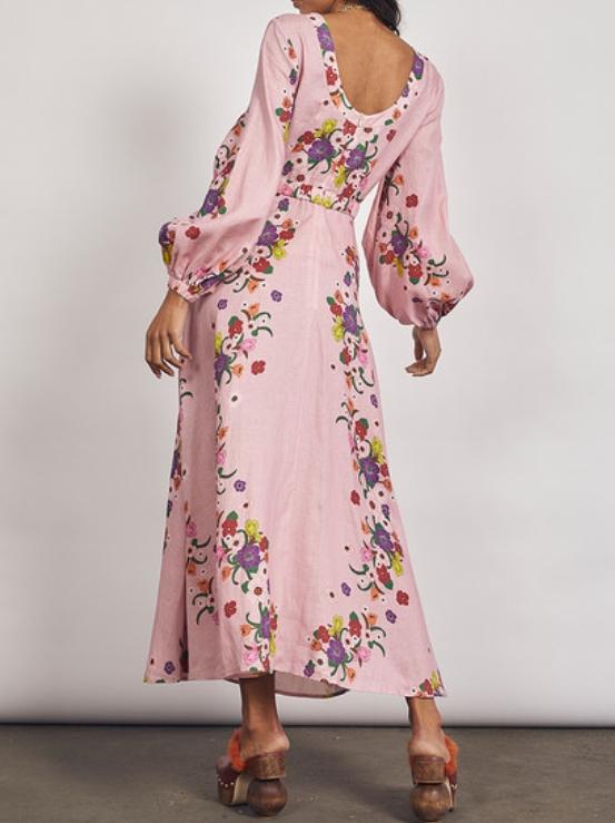 Pink Floral U-neckline Midi Dress