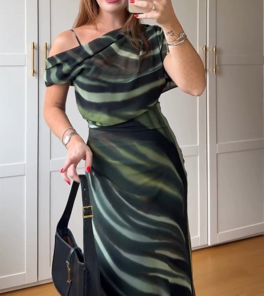 Green Zebra Print One Shoulder Dress