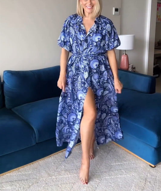 Lapel Floral Blue Dress