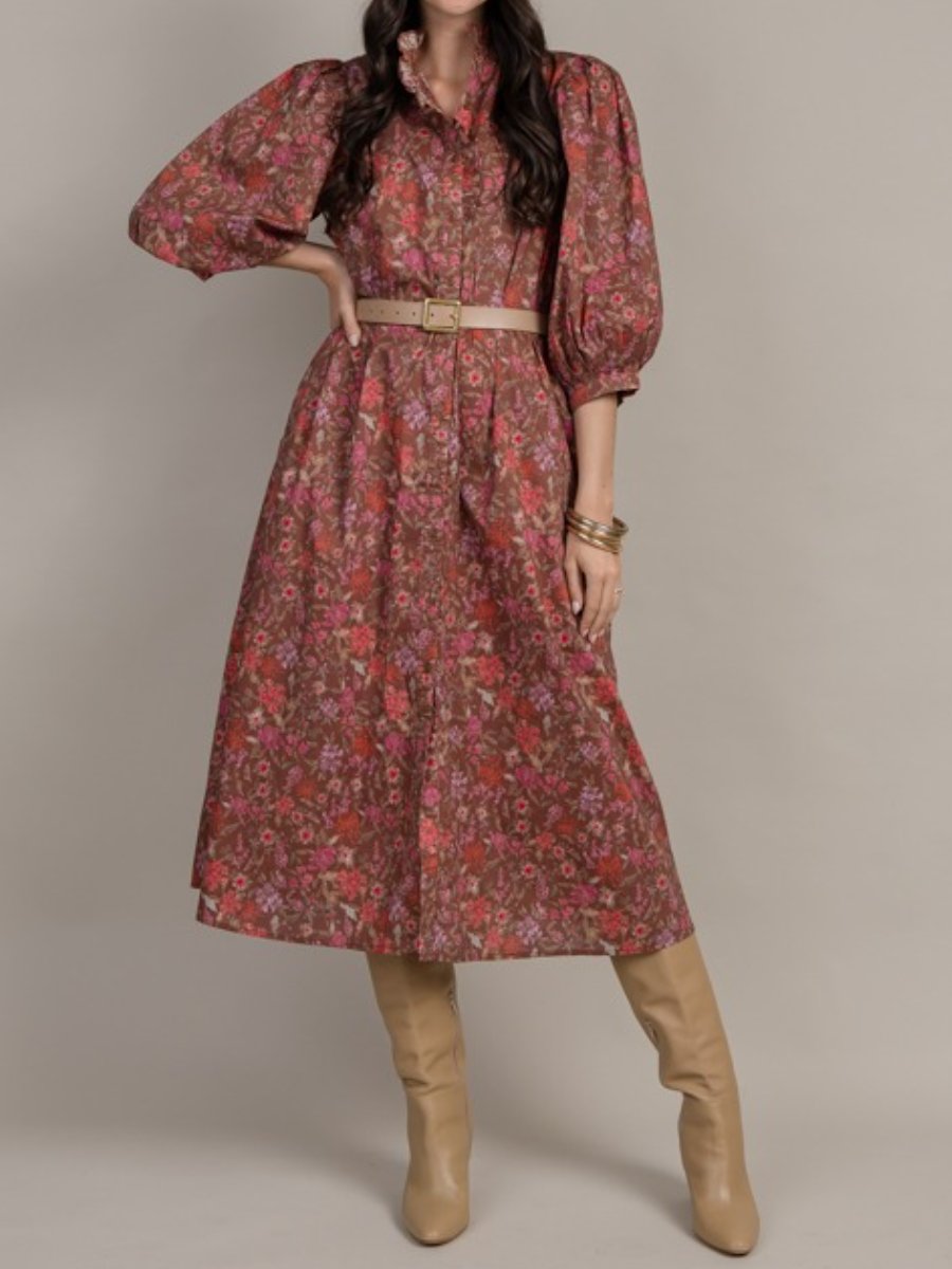 Fall Floral Midi Dress With Pockets