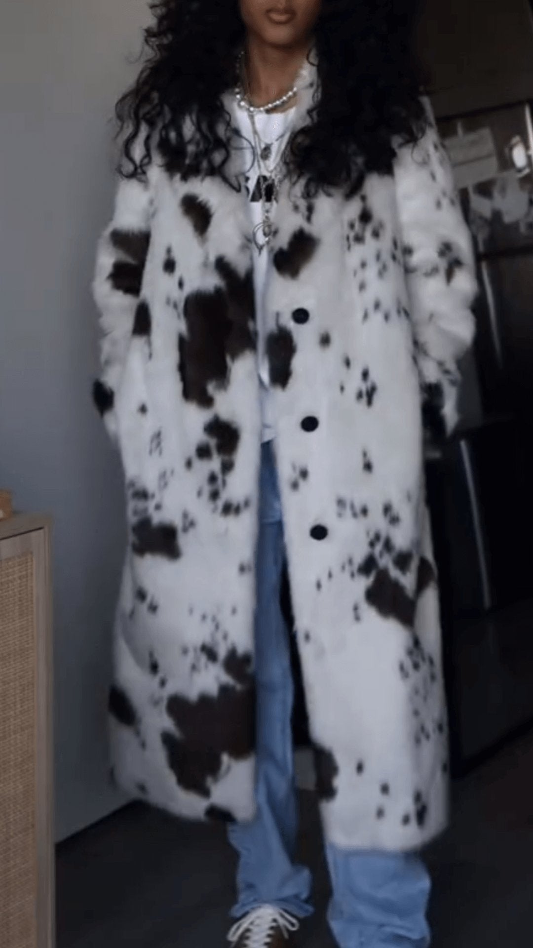 Fashion Long Sleeve Spotted Eco-Fur Coat