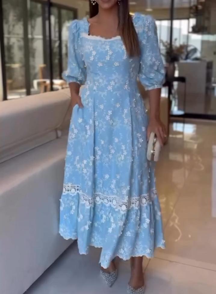 White Flower Hollow Blue Dress