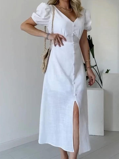 Solid Color V-Neck Button Down Dress