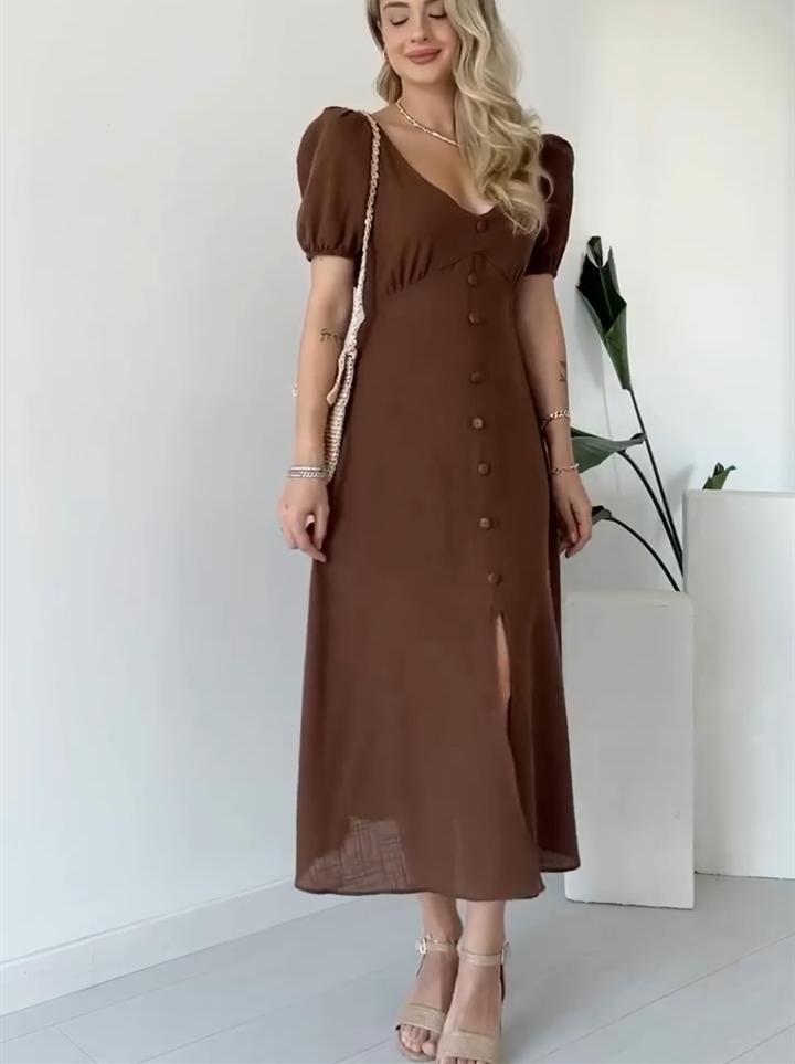 Solid Color V-Neck Button Down Dress