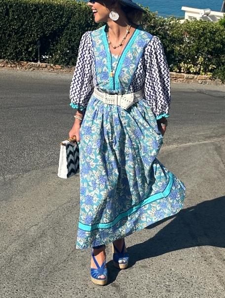 Blue Floral Striped Sleeve Dress