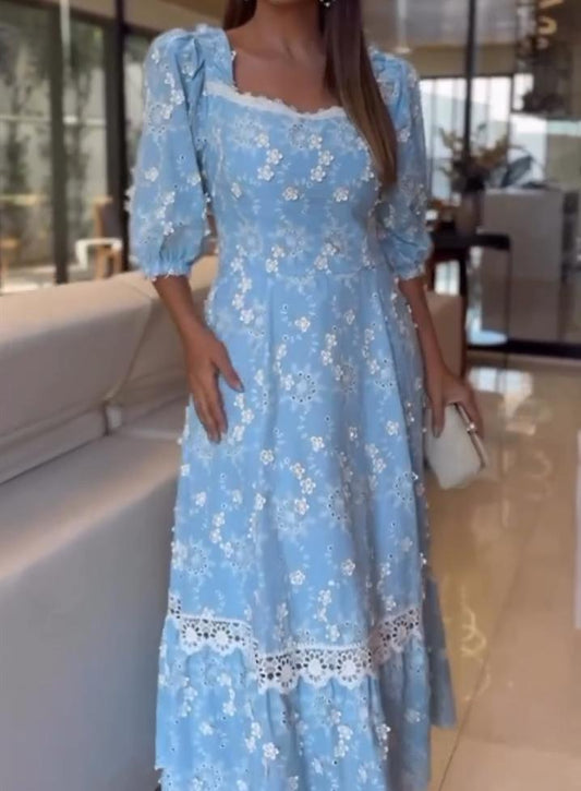 White Flower Hollow Blue Dress