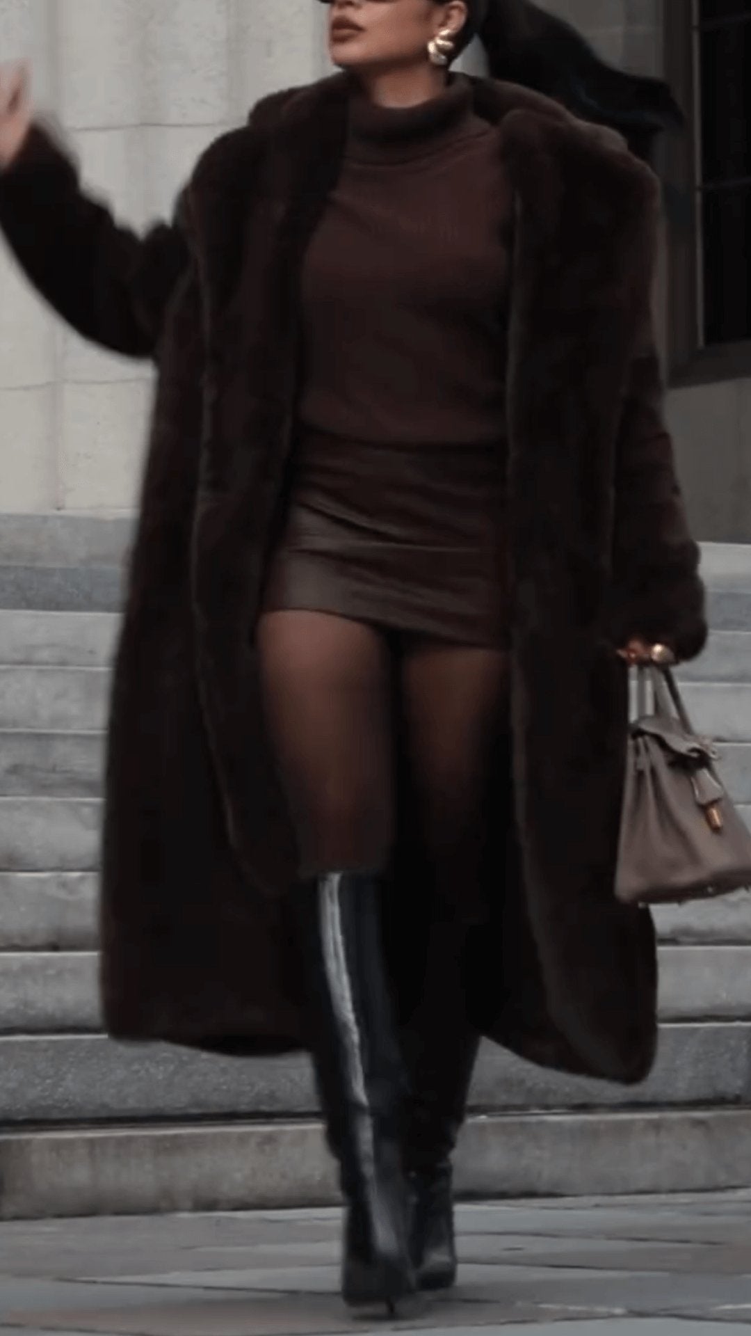 Dark Brown Faux Fur Long Coat