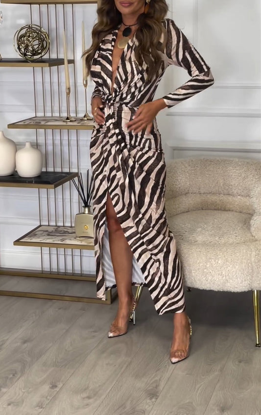 Zebra Print Deep V Maxi Dress