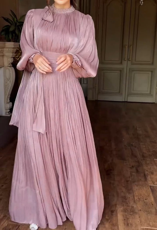 Lantern Sleeve Belted Pink Dress