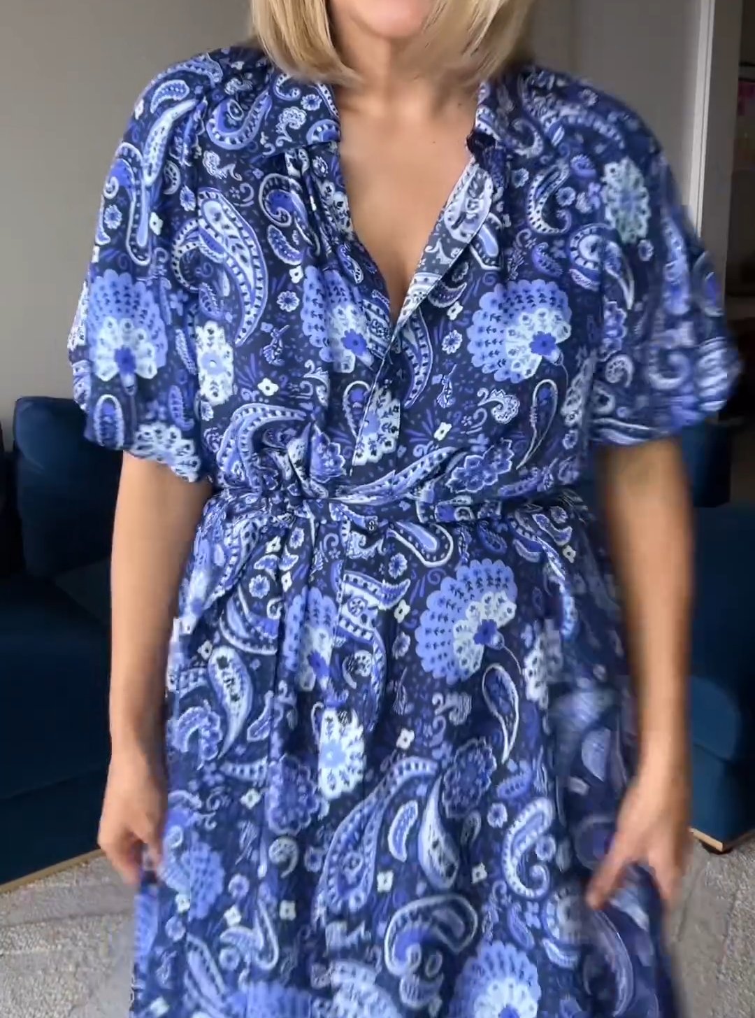 Lapel Floral Blue Dress