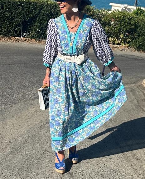 Blue Floral Striped Sleeve Dress