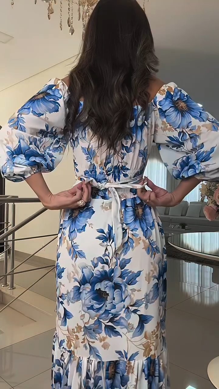 Blue Floral Midi Sleeve Tie Waist Maxi Dress