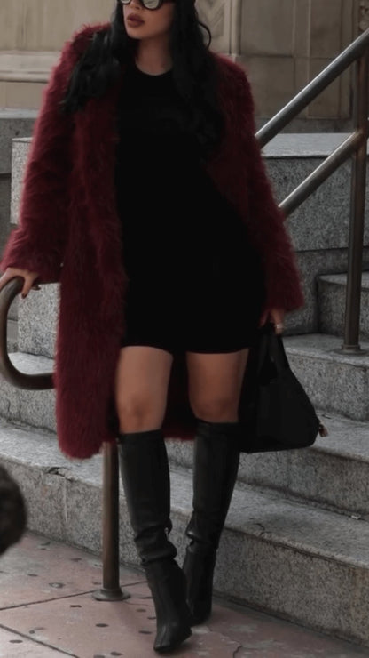 Fashion Long Sleeve Faux Fur Midi Coat