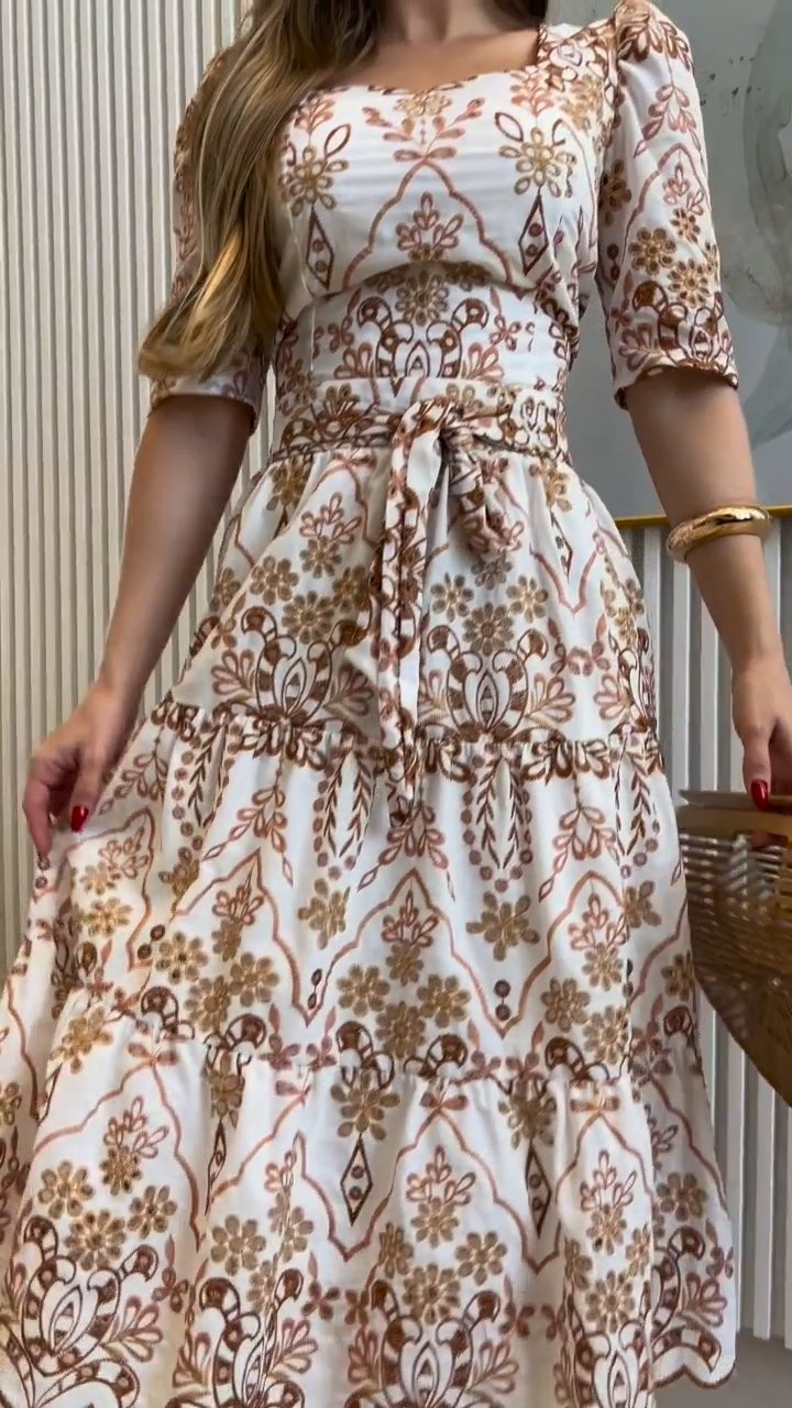 Brown Floral Midi Sleeve Maxi Dress