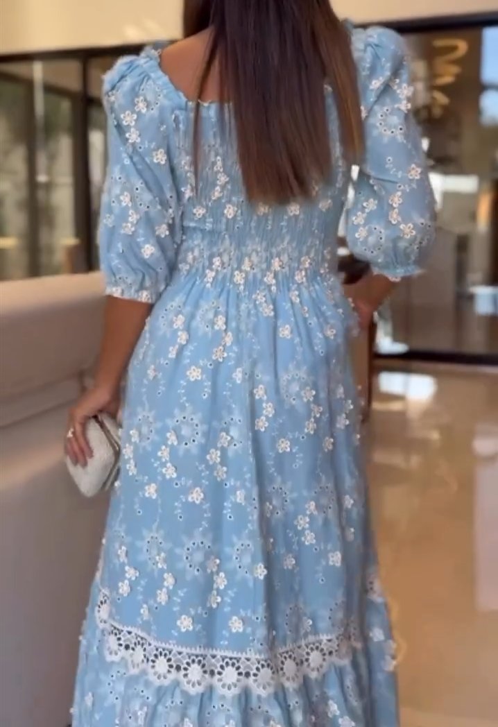 White Flower Hollow Blue Dress